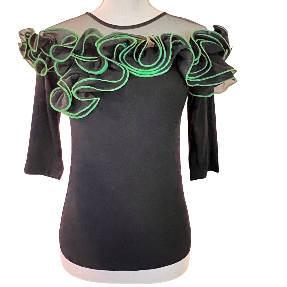 # A043    GRACIA  Black Mesh Ruffle Top  Neon Green Trim, Sheer Neckline, S NWT